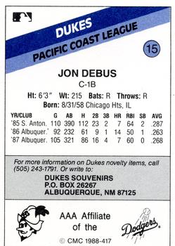 1988 CMC Albuquerque Dukes #15 Jon Debus Back