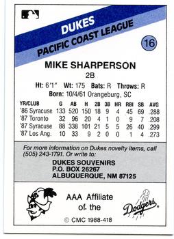 1988 CMC Albuquerque Dukes #16 Mike Sharperson Back
