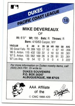 1988 CMC Albuquerque Dukes #18 Mike Devereaux Back