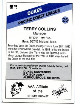 1988 CMC Albuquerque Dukes #25 Terry Collins Back