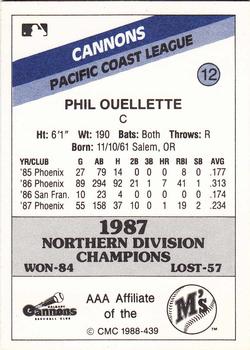 1988 CMC Calgary Cannons #12 Phil Ouellette Back