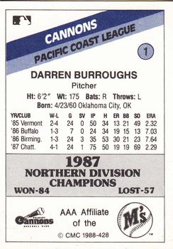 1988 CMC Calgary Cannons #1 Darren Burroughs Back