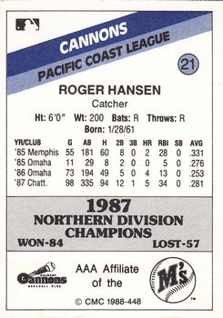 1988 CMC Calgary Cannons #21 Roger Hansen Back