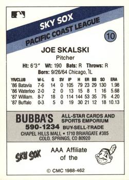 1988 CMC Colorado Springs Sky Sox #10 Joe Skalski Back