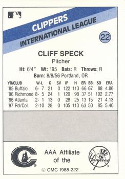 1988 CMC Columbus Clippers #22 Cliff Speck Back