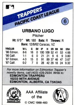 1988 CMC Edmonton Trappers #6 Urbano Lugo Back