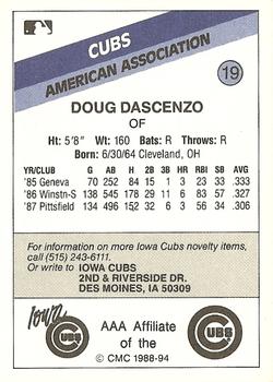 1988 CMC Iowa Cubs #19 Doug Dascenzo Back