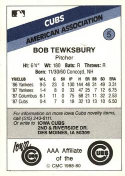 1988 CMC Iowa Cubs #5 Bob Tewksbury Back