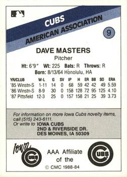 1988 CMC Iowa Cubs #9 David Masters Back