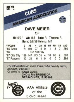 1988 CMC Iowa Cubs #20 Dave Meier Back