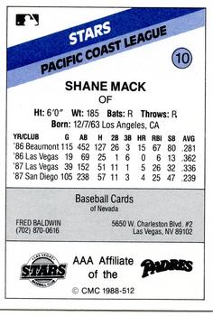 1988 CMC Las Vegas Stars #10 Shane Mack Back