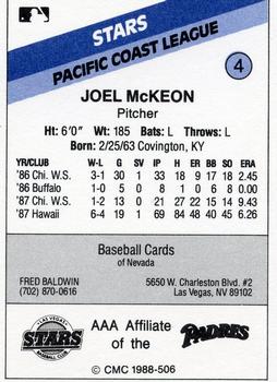 1988 CMC Las Vegas Stars #4 Joel McKeon Back