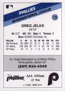 1988 CMC Maine Phillies #18 Greg Jelks Back