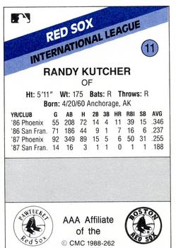 1988 CMC Pawtucket Red Sox #11 Randy Kutcher Back