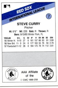 1988 CMC Pawtucket Red Sox #7 Steve Curry Back