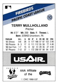 1988 CMC Phoenix Firebirds #10 Terry Mulholland Back