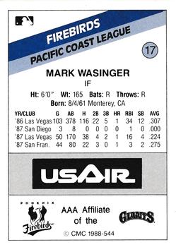 1988 CMC Phoenix Firebirds #17 Mark Wasinger Back