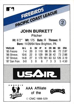 1988 CMC Phoenix Firebirds #2 John Burkett Back