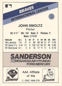 1988 CMC Richmond Braves #3 John Smoltz Back