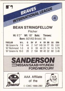 1988 CMC Richmond Braves #4 Bean Stringfellow Back