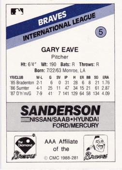 1988 CMC Richmond Braves #5 Gary Eave Back