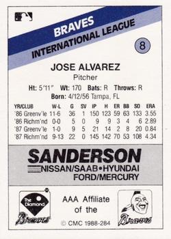 1988 CMC Richmond Braves #8 Jose Alvarez Back