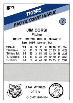 1988 CMC Tacoma Tigers #7 Jim Corsi Back