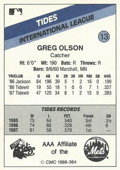 1988 CMC Tidewater Tides #13 Greg Olson Back