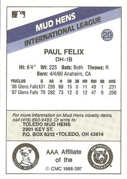 1988 CMC Toledo Mud Hens #20 Paul Felix Back