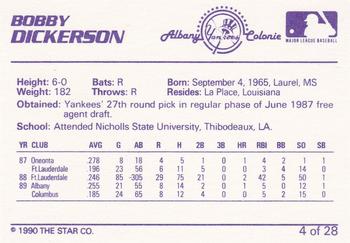 1990 Star Albany-Colonie Yankees #4 Bobby Dickerson Back