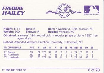 1990 Star Albany-Colonie Yankees #6 Freddie Hailey Back