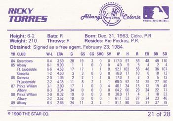 1990 Star Albany-Colonie Yankees #21 Ricky Torres Back