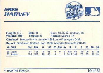 1990 Star Baseball City Royals #10 Greg Harvey Back