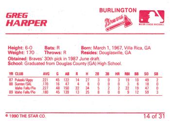 1990 Star Burlington Braves #14 Greg Harper Back