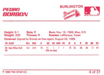 1990 Star Burlington Braves #4 Pedro Borbon Jr. Back