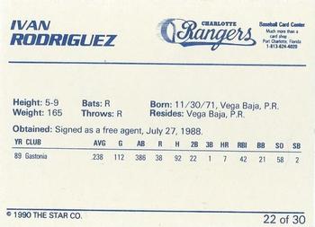 1990 Star Charlotte Rangers #22 Ivan Rodriguez Back