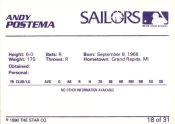 1990 Star Erie Sailors #18 Andy Postema Back