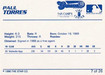 1990 Star Geneva Cubs #7 Paul Torres Back