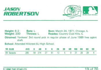 1990 Star Greensboro Hornets #19 Jason Robertson Back
