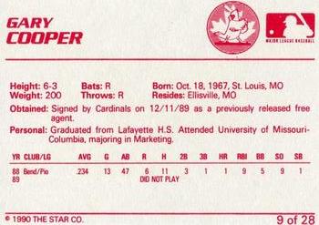 1990 Star Hamilton Redbirds #9 Gary Cooper Back
