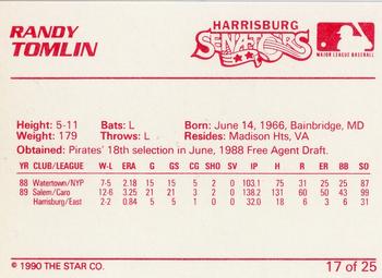 1990 Star Harrisburg Senators #17 Randy Tomlin Back