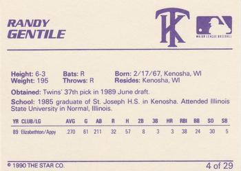 1990 Star Kenosha Twins #4 Randy Gentile Back