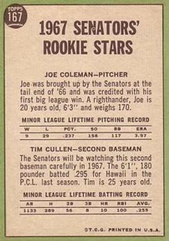 1967 Topps #167 Senators 1967 Rookie Stars (Joe Coleman / Tim Cullen) Back