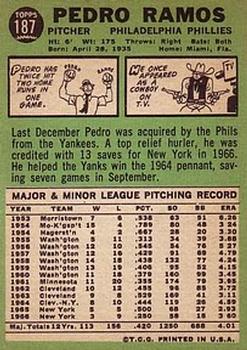1967 Topps #187 Pedro Ramos Back
