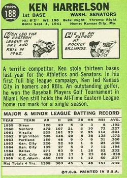 1967 Topps #188 Ken Harrelson Back