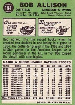 1967 Topps #194 Bob Allison Back
