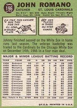 1967 Topps #196 Johnny Romano Back
