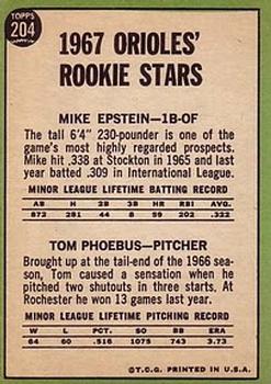 1967 Topps #204 Orioles 1967 Rookie Stars (Mike Epstein / Tom Phoebus) Back