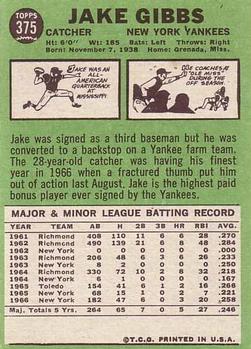 1967 Topps #375 Jake Gibbs Back