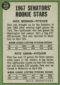 1967 Topps #459 Senators 1967 Rookie Stars (Dick Bosman / Pete Craig) Back
